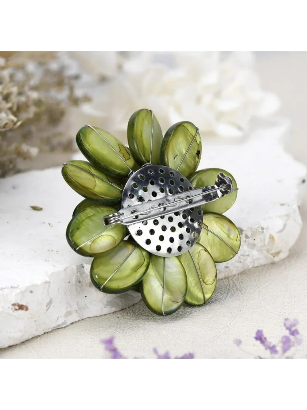 Lime Green Floral Mother of Pearl Brooch Pin | Handmade Women's Accessories